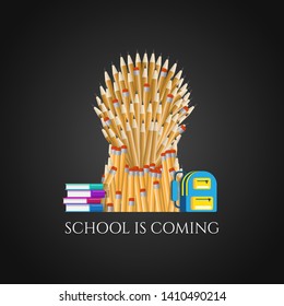 Template banner for Back to school. Vector illustration of the throne of kings consisting of pencils, with lying next to books and a school bag.