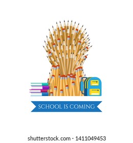 Template banner for Back to school. Vector illustration of the throne of kings consisting of pencils, with lying next to books and a school bag.