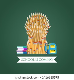 Template banner for Back to school. Vector illustration of the throne of kings consisting of pencils, with lying next to books and a school bag.