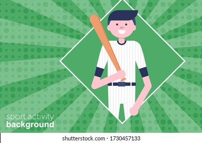Template banner with baseball cartoon character in flat style. Baseball player with willow. Retro style. Background. Vector Illustration