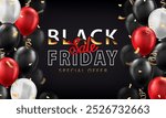 Template of banner with black, white and red 3d glossy balloons and golden party streamers with text - SALE, Black Friday, Up to 80% off. Shopping poster, card with balloons and coil ribbon serpentine