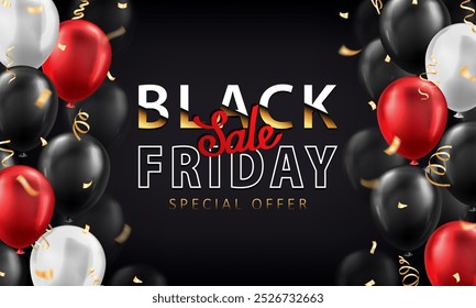 Modelo de banner com balões brilhantes 3d preto, branco e vermelho e flâmulas de festa dourada com texto - VENDA, Black Friday, até 80% de desconto. Cartaz de compras, cartão com balões e serpentina de fita de bobina