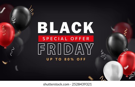 Modelo de banner com balões brilhantes 3d preto, branco e vermelho e flâmulas de festa dourada com texto - VENDA, Black Friday, até 80% de desconto. Cartaz de compras, cartão com balões e serpentina de fita de bobina