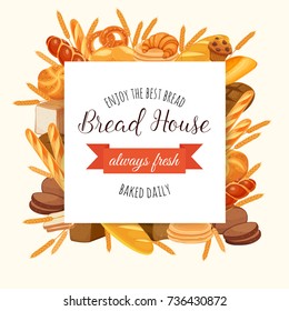 Template banner with bread products. Pretzel, muffin, pita bread, ciabatta and croissant, whole grain bread, bagel, toast , french baguette for design menu bakery food products.