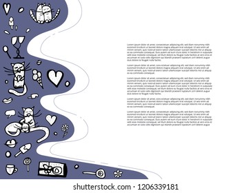 Template for banner, card with cute love symbols. Hand drawn cats  and objects with space for text. Vector illustration. 