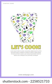 Template of banner with chefs hat silhouette with kitchenware pattern inside. Card with yellow text - Let's cook, and place for info. Flyer, invitation to cooking classes, culinary courses