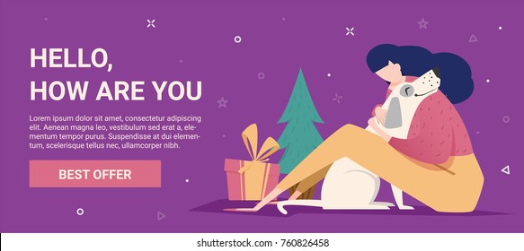 Banner de plantilla para descuento de Navidad. Una mujer con un perro.