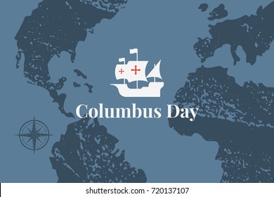 Template For Banner, Columbus Day, Ships And Atlantic Ocean, Vector Illustration, America, Africa And Europpa, Map, Christopher, Background