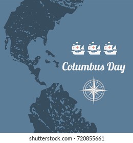 template for banner, Columbus day, ships and Atlantic ocean, flat vector illustration, america, africa and europpa