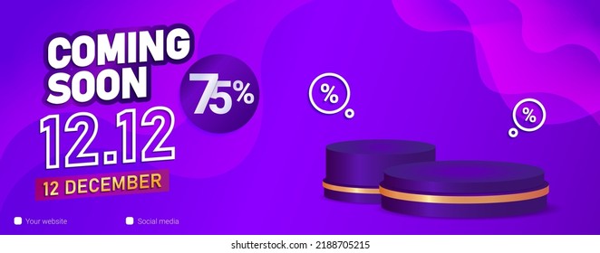 template banner coming soon 12.12 75% discount with purple gradient background and two luxury podiums