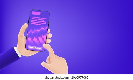 Template of banner with concept of online investment app. Cartoon hands hold smartphone with growing charts or graphs. Vector illustration with mobile digital business or financial investment app.