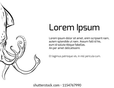 Template banner with contour black and white illustration with of squid. Linear illustration for presentations, banners, articles, postcards and your design