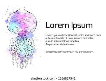 Template banner with Contour black and white illustration of jellyfish with watercolor splashes. Linear illustration for presentations, banners, articles, postcards and your design
