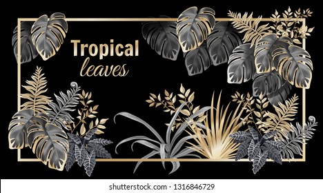 Template banner dark leaves of tropical exotic plants. Background jungle with palm trees and lianas. Vector 3d illustration with space for text.