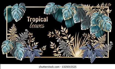 Template banner dark leaves of tropical exotic plants. Background jungle with palm trees and lianas. Vector 3d illustration with space for text.