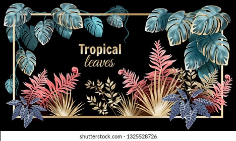 Template banner dark leaves of tropical exotic plants. Background jungle with palm trees and lianas. Vector 3d illustration with space for text.