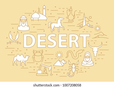 Template banner with desert icons. Circle banner with Desert linear elements on white background. Flat line style travel banner. Vector illustration.