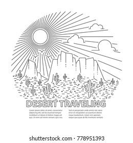 Template banner with desert landscape. Circle banner with Desert dayly landscape on white background. Flat line style travel banner. Vector illustration.