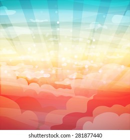 Template banner design, posters. Landscape with clouds, sun, sunset or sunrise. Vector. Place for your text.