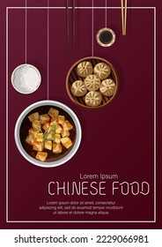 Template banner design. Vector illustration of Chinese food and copy-space isolated on dark red. Poster, flyer, promotion, menu, cover concept.