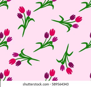 Template banner design, vector illustration. Postcard with beautiful flowers and multi-colored tulips. Flowers on a pink background seamless. Many tulips are propagating throughout the drawing.