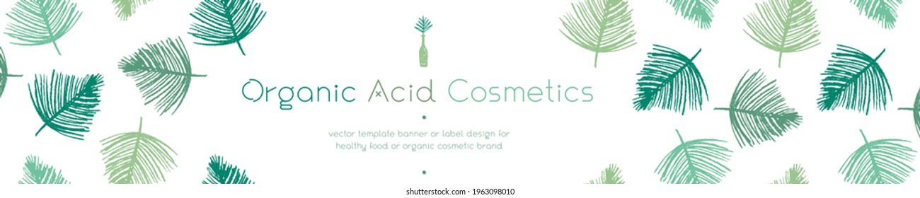 Template banner design. Vector palm leaf pattern for organic creamy cosmetics, organic acid cosmetic, natural makeup packaging. Earthy tones. Sage green color. Herbal pattern for healthy care design.