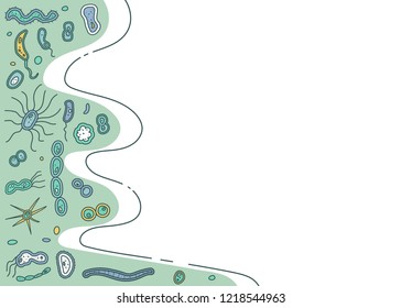 Template for banner with different microarganisms cells.  Set of bacterias shape. Vector doodle style composition.