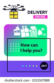 Template banner with drone carrying a package. Design modern technology.  Drone air delivery.  Concept help with convenient and fast transportation. 