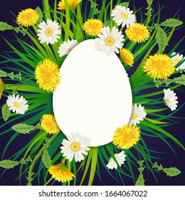 Template banner Easter egg bouquet with flowers bouquet dandelions and daisies, chamomiles, grass. Vector illustration. Fresh design for posters, flyers, greeting card, invitation
