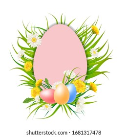 Template banner Easter egg bouquet with flowers bouquet dandelions and daisies, chamomiles, grass. Vector illustration. Fresh design for posters, flyers, greeting card, invitation