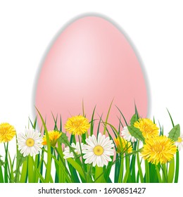 Template banner Easter egg bouquet with flowers bouquet dandelions and daisies, chamomiles, grass. Vector illustration. Fresh design for posters, flyers, greeting card, invitation