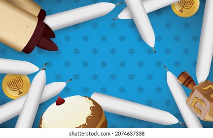 Template banner with empty space for your greeting text and traditional elements for Hanukkah: candles, gelt, scroll, dreidel and sufganiyah over starry blue background.