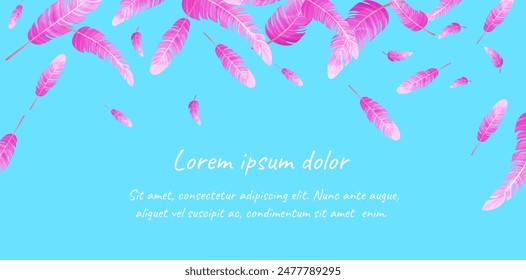 Template of banner with falling pink flamingo feathers 