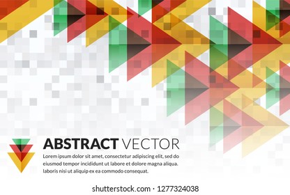 Template for a banner featuring geometric triangle designs in red, yellow and green that can work as arrows. It also includes space for titles and text