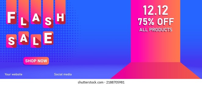 template banner flash sale 12.12 75% discount blue gradient background blank space for product advertising