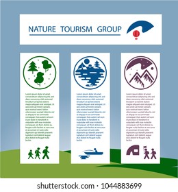 Template banner or flyer, description of the tour, travel. A mock-up of a tourist brochure or advertisement. Images of icons of tourists, forests, mountains, lakes. Ecological tourism