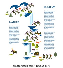 Template banner or flyer, description of the tour, travel. A mock-up of a tourist brochure or advertisement. Images of icons of tourists, forests, mountains, lakes, fishing, wild animals