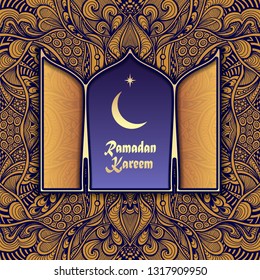 Template banner flyer Post Card with abstract Arabic pattern and view of Moon and of  Morning star from  window  in blue golden colors  for celebrated holiday Ramadan