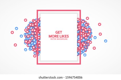 Template banner get more likes, heart and thumb up. Social media advertisement, promotion, marketing. Vector illustration. EPS 10