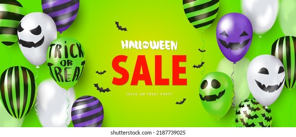 Template banner green background with 3d balloons with faces. Happy Halloween. Vector Illustration