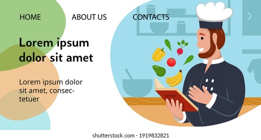 Template for banner with happy chef with a cookbook. Vector horisontal illustration. Perfect for a website or app of cooking courses, a restaurant, a catering service