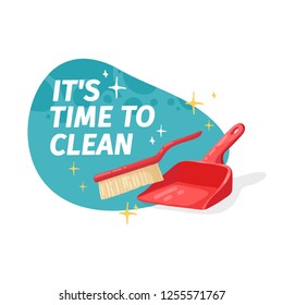 Template banner with for house cleaning. Layout for Cleaning service with household good.  Dustbag with brush. Cleaning supplies. Vector.