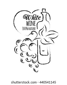 Template banner or label with hand-drawn wine bottle,bunch of grapes and heart. Black-and-white sketch isolated on white background. The concept of wine. Stock vector