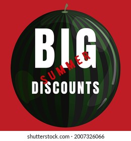 Template for the banner. A large green watermelon with the inscription big summer discounts.