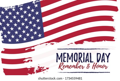 Template banner for Memorial Day. Celebration background with usa brush paint flag. Remember and Honer text. Vector Illustration