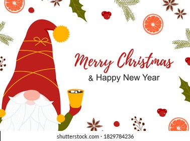 Template banner Merry Christmas and Happy New Year with cute scandinavian gnome. Vector background with Nordic Santa character. Illustration