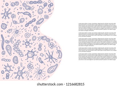 Template for banner with microorganisms collection. Vector doodle style composition for brochure, card.