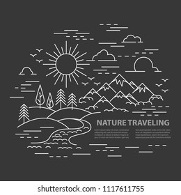 Template banner with Mountains and hills, river and forest landscape on black background. Flat line style travel banner. Vector illustration.