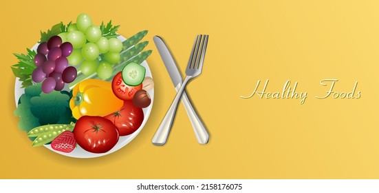 Template banner with natural products on a yellow background. Healthy food concept