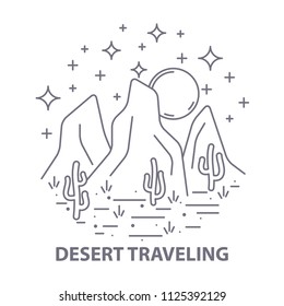 Template banner with night desert camp. Circle banner with Desert landscape on white background. Flat line style travel banner. Vector illustration.